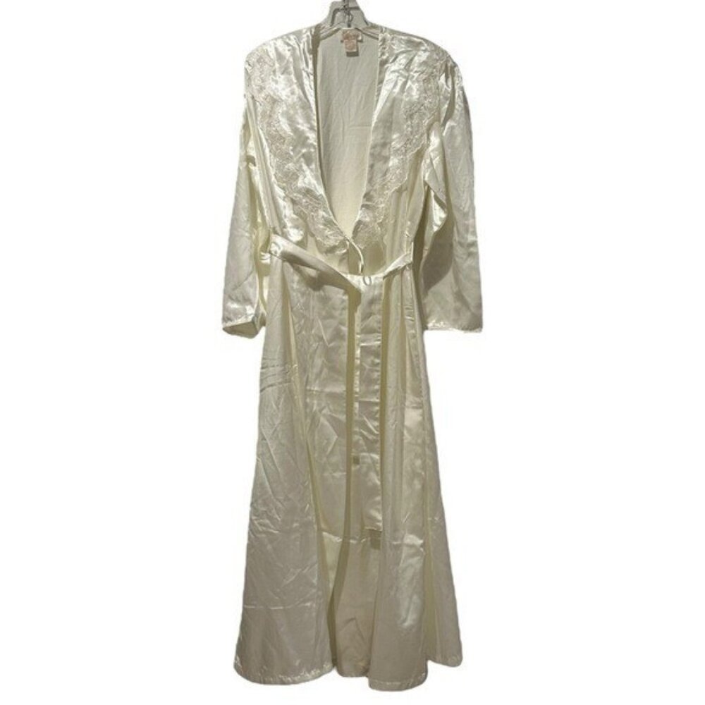 Vintage Ilise Stevens L Robe Full Length Cream Ivory Satin Lace Cottagecore
